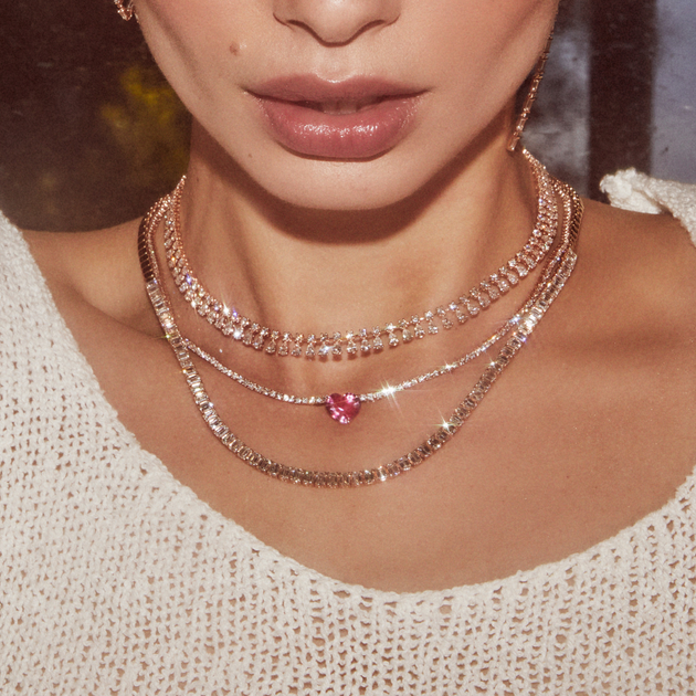 Pink Sapphire Emerald Cut Center Tennis Necklace Rose Gold/Diamond