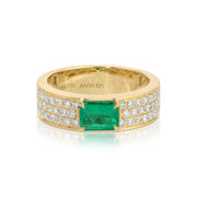 WIDE DIAMOND BAND WITH EMERALD CUT EMERALD CENTER