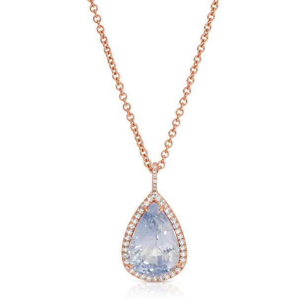 6.65CT LIGHT BLUE SAPPHIRE PEAR PENDANT WITH DIAMOND HALO AND BAIL