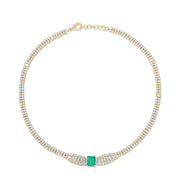 BAGUETTE AND ROUND DIAMOND CHOKER WITH EMERALD CUT COLOMBIAN EMERALD CENTER