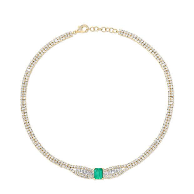 BAGUETTE AND ROUND DIAMOND CHOKER WITH EMERALD CUT COLOMBIAN EMERALD CENTER