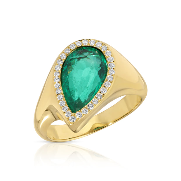 SIDEWAYS COLOMBIAN PEAR EMERALD AND PAVE DIAMOND RING