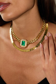 LARGE CUBAN LINK NECKLACE WITH EMERALD CUT EMERALD CENTER