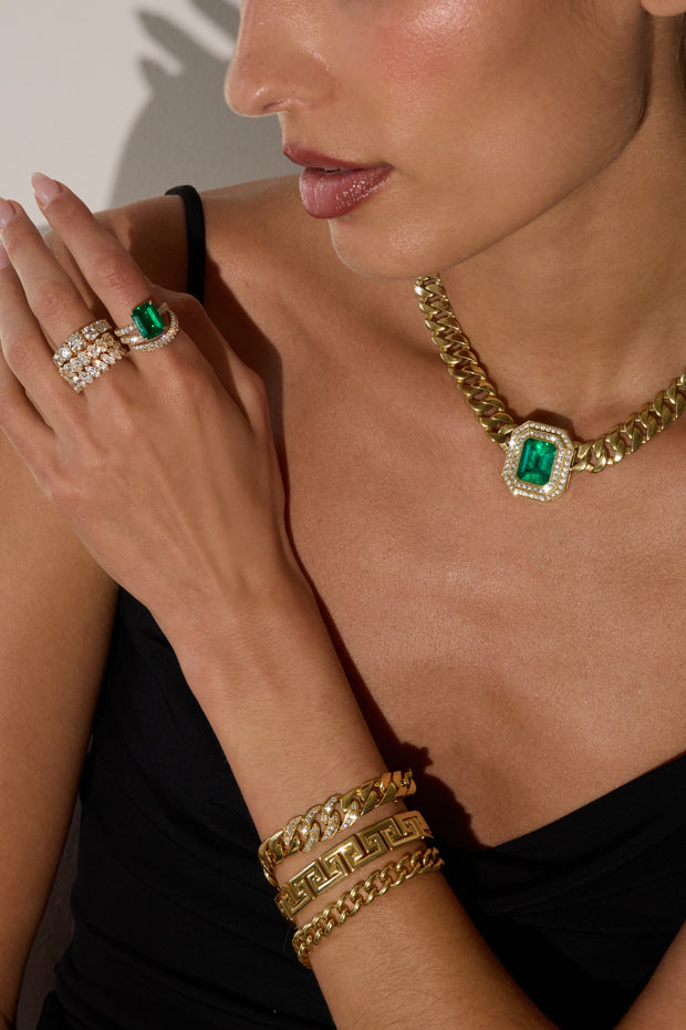 LARGE CUBAN LINK NECKLACE WITH EMERALD CUT EMERALD CENTER