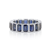 BEZELED EMERALD CUT BLUE SAPPHIRE RING