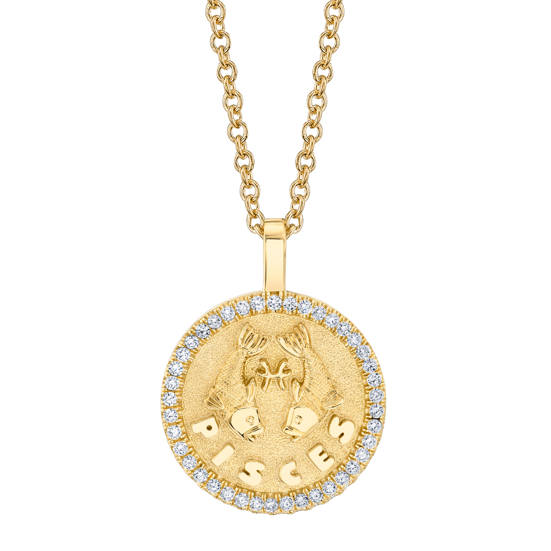  PISCES ZODIAC COIN PENDANT WITH DIAMOND FRAME